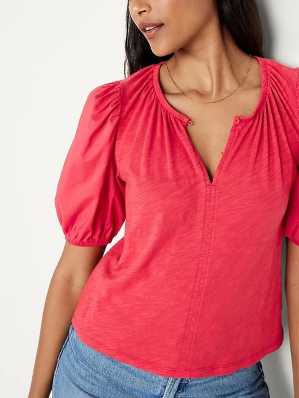 Women's Red Puff Sleeve Slub Knit Top